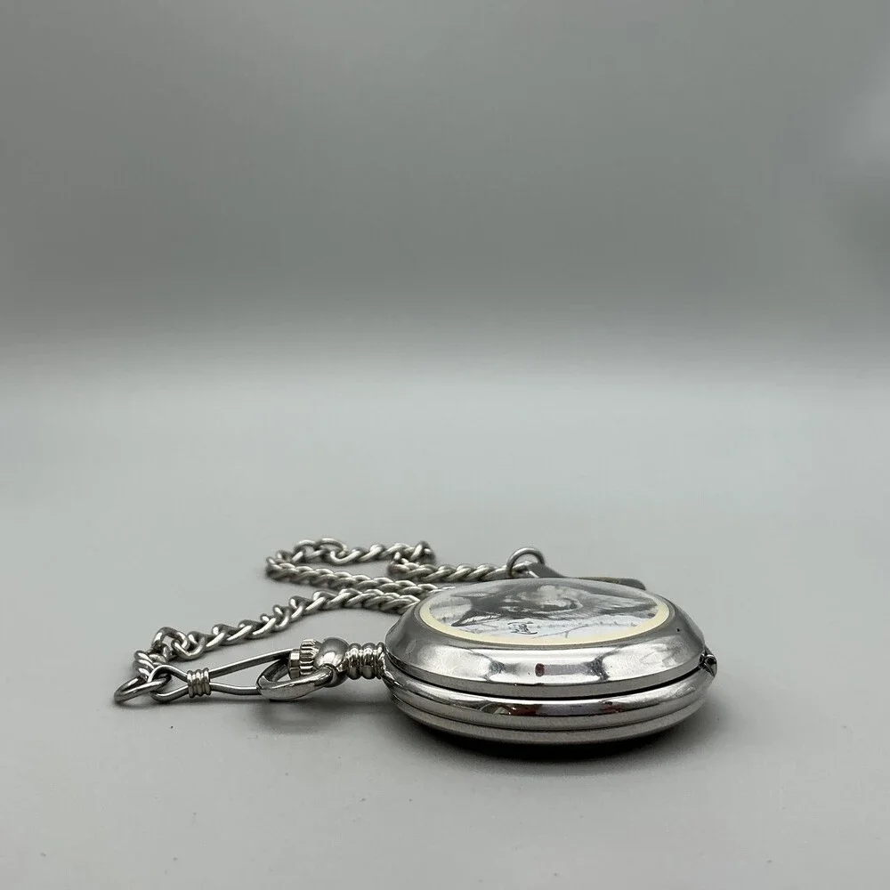 Al Agnew Pocket Watch Men 47mm Silver Tone Wolf Art Full Hunter Chain